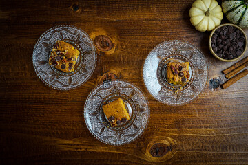 Pumpkin blondies with chocolate chips and pecans