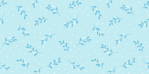 Christmas background with tree branches and snowflakes. Vector seamless pattern with mistletoe.