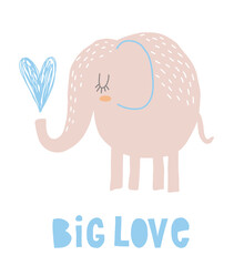 Funny Hand Drawn Baby Shower Vector Illustration with Cute Gray Elephant Holding Big Blue Heart. Big Love. Simple Infantile Style Nursery Art with Baby Elephant Isolated on a White Background.