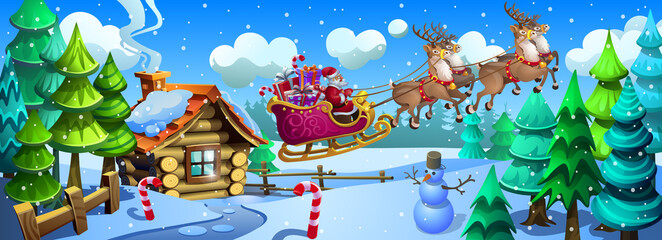 Wooden house in snowy forest. Santa Claus carries gifts in a sleigh pulled by deers. Christmas illustration.