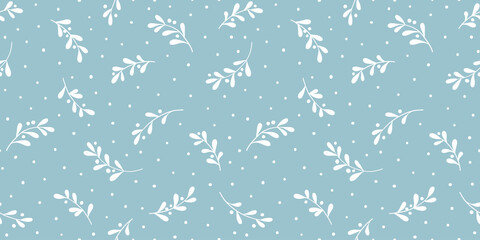 Christmas background with tree branches and snowflakes. Vector seamless pattern with mistletoe.