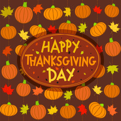 Thanksgiving greeting card with hand drawn pumpkins and fall leaves. Happy Thanksgiving Day round logo template. Vector illustration