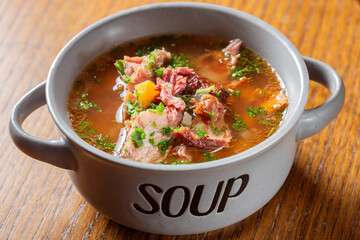 Soup with meat from smoked pork ribs