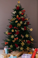 Christmas tree decor with gifts for the new year interior