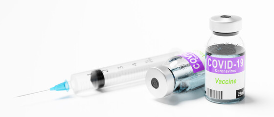 Medical syringe with a needle and a bollte with vaccine. 3D rendering