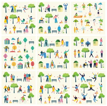 Vector illustration background in flat design of group people walking outdoor in the park on weekend