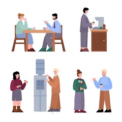 Office workers during work break set of cartoon characters, flat vector illustration isolated on white background. People communicate and relax during break at workplace.