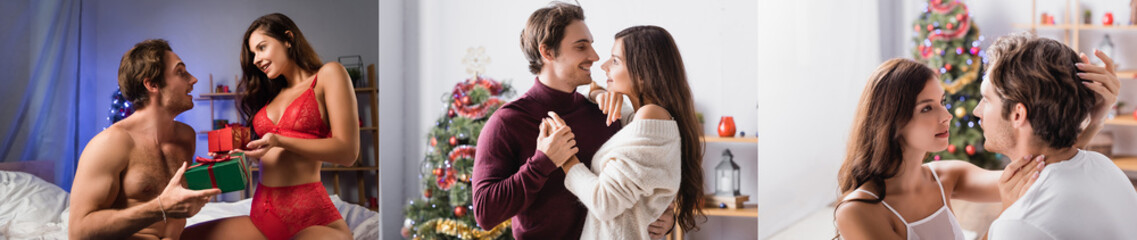 collage of man and woman in sweaters embracing near decorated christmas tree and sexy couple...