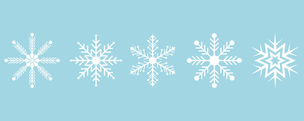 Naklejka na ściany i meble Set of snowflakes icons isolated on blue background. Vector illustration