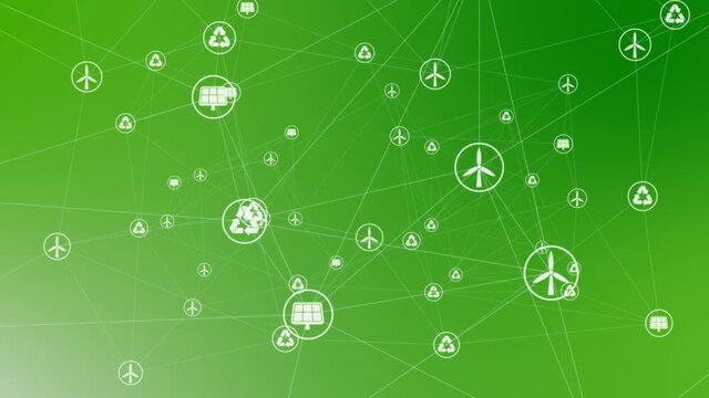 Alternative energy icons on green background. Plexus animation of ecology, recycling, natural environment and green energy symbols. Ecological concept background. 