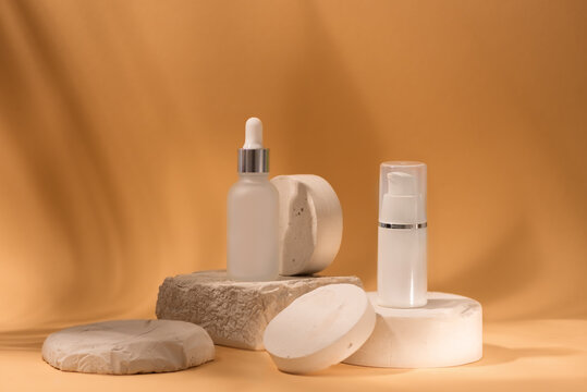 Blank white tube design on a stone mockup front back profile side view set. Clear cream packaging stand 