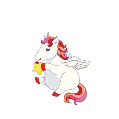 Little cute Pegasus is playing with a star in Cartoon style, vector stock illustration on white isolated background, concept of Magic and Mythology, Greek culture and Fairytales, Cartoons and Comics.
