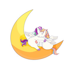 Cute Pegasus hugging on the Crescent Moon in Cartoon style, vector stock illustration on white isolated background, concept of Lovely Unicorns and Pegasus, Magical horses and Fairytales.