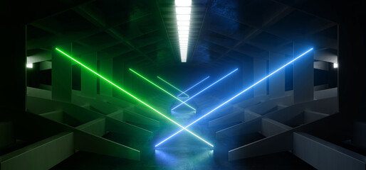 Green Blue Neon Laser Beams Electric Sci Fi Futuristic Glowing Spaceship Alien Cement Concrete GRunge Hangar Tunnel Corridor Dark Showroom background 3D Rendering