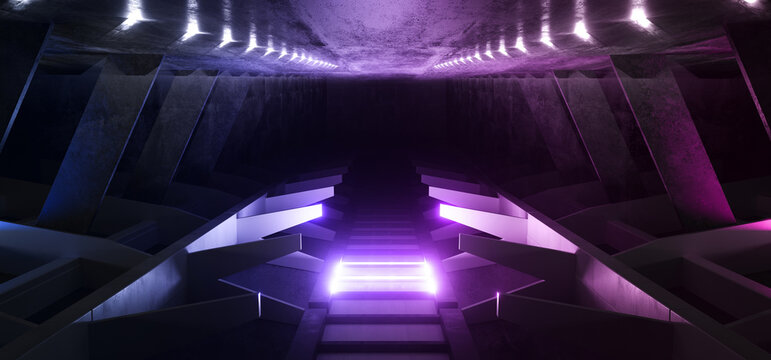Purple Blue Sci Fi Futuristic Glowing Spaceship Alien Cement Concrete GRunge Hangar Tunnel Corridor Dark Showroom background 3D Rendering © IM_VISUALS