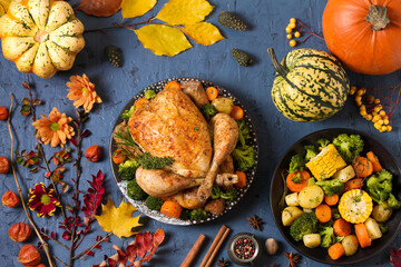 Roast chicken or turkey with vegetables and pumpkins. Autumn decorations on the table. Thanksgiving food background, flat lay, top view