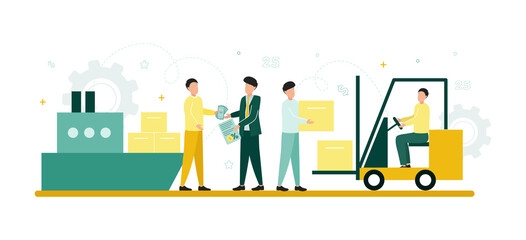 Obraz na płótnie Canvas Finance. Forfaiting. A man gives money to a man who gives him a document, on either side of them is a ship with cargo, a loader with boxes. Vector illustration