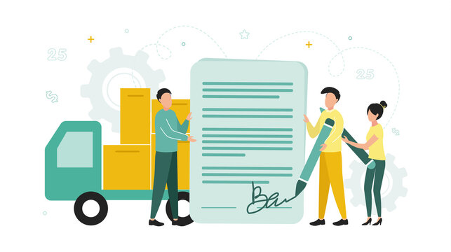Finance. Forfaiting. A man holds a document near a car with a load, a man and a woman with pens sign it. Vector illustration