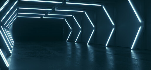 Cyber Garage Neon Fluorescent Blue Cinematic Glowing Lights Studio Empty Showroom Tunnel Concrete Floor Alien Spaceship Hangar Underground Background 3D Rendering