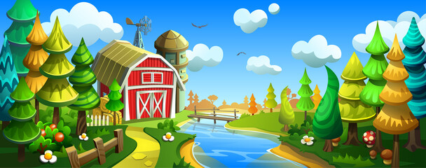 Cartoon forest with river. Small farm near the river and forest.
