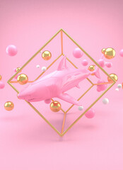 Shark on pink background 3d illustration realistic toy inside golden geometrical frame minimalist vertical representation