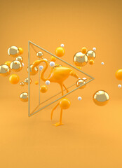 Flamingo on orange background 3d illustration realistic toy inside golden geometrical frame minimalist vertical representation
