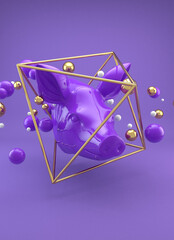 Pig on purple background 3d illustration realistic toy inside golden geometrical frame minimalist vertical representation
