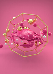 Crab on dark pink background 3d illustration realistic toy inside golden geometrical frame minimalist vertical representation