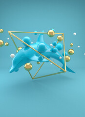 Dolphin on light blue background 3d illustration realistic toy inside golden geometrical frame minimalist vertical representation