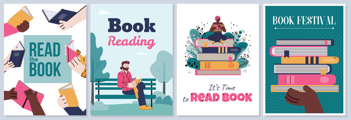 Social media posters or cards set with cartoon people reading books, flat vector illustration. Bright banners collection for book festival or fair, bookstore promotion.