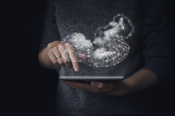Genetic engineering, surrogacy, embryology, hologram baby background of hand holding tablet, genetic analysis  pregnancy planning. Concept opregnancy, maternity, artificial fertilization. Technology.