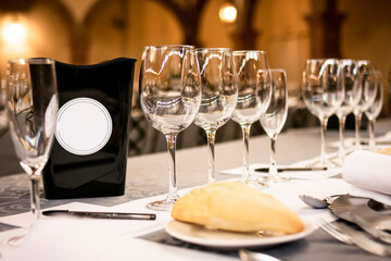 crystal glasses for wine and water on a restaurant table at a social event