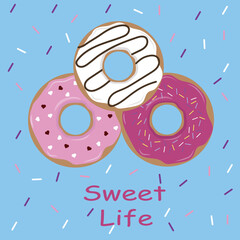 Set of bright food cards. Set of donuts. Donuts, cheesecakes, cakes, sweets, muffins, chocolate.