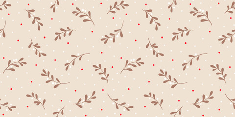 Christmas background with tree branches and snowflakes. Vector seamless pattern with mistletoe.