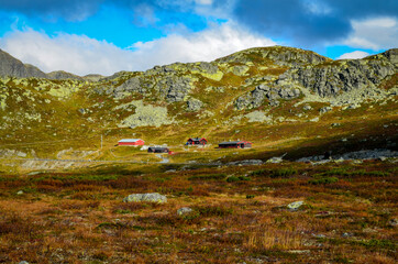 Wild landscape in norwegian highlands with tundra - 389725588