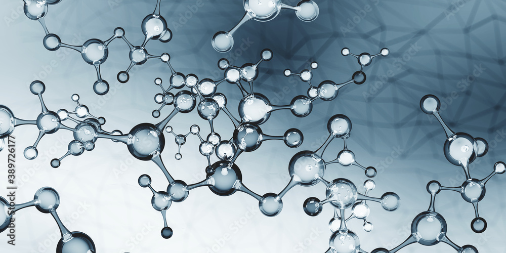 Aufkleber Abstract model of a molecule. Digital technologies in genetic engineering. Crystal lattice structure. Research in molecular synthesis. 3D illustration on futuristic monochrome background