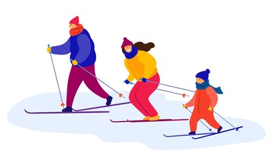 dad, mom and child are skiing together. flat color illustration