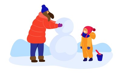 mom and baby made a snowman out of sticky snow. flat color illustration
