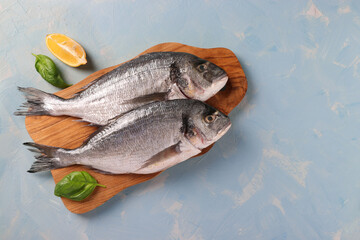 Two raw fish dorado with basil and lemon on wooden board on light blue background, top view. Copy space