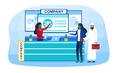 Business people talking to company representative clerk standing at company trade show booth reception desk. Tradeshow business customers communication. Advertising interior. Vector illustration