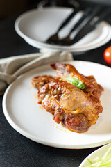 fried baked meat pork or beef ingredient for preparing a healthy meal snack top view copy space for text food background rustic keto or paleo diet