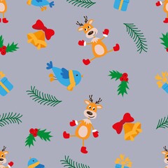 Christmas New Year background with reindeer, bells, gift and fir branches on gray background. Separate objects. Festive illustration for fabric, wallpaper, clothing, covers, packaging.