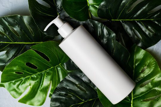 White plastic cream container and green monstera leaves. Mockup cosmetics bottle with dispenser. Natural organic skincare concept.