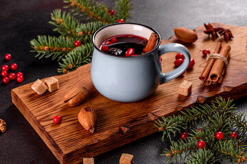 Hot mulled wine for winter and Christmas with various spices