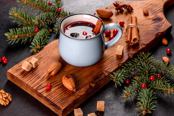 Hot mulled wine for winter and Christmas with various spices