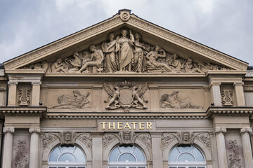 View of Baden-Baden Theater (1862) building. Baden-Baden Theater - neo-baroque white-and-red sandstone building. Baden-Baden, Germany.