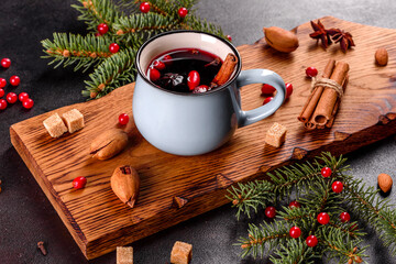 Hot mulled wine for winter and Christmas with various spices
