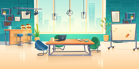 Coworking space interior, empty office business center with computer on desks, comfortable armchairs and coffee break zone. Area for teamwork, freelance shared workplace cartoon vector illustration