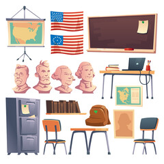 School cabinet of history interior furniture and stuff. Teacher table with laptop, blackboard, backpack, chairs, bookshelf and drawer, american flag, map and president busts, Cartoon vector set