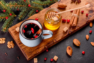 Hot mulled wine for winter and Christmas with various spices